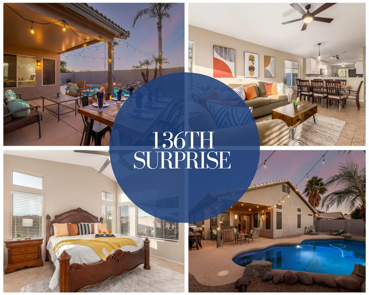 The image showcases an inviting outdoor dining area perfect for sunset dinners, a stylish living room setup ideal for family gatherings and game nights, a cozy bedroom with a wooden bed, and a sparkling heated pool surrounded by comfortable seating. The scene evokes a sense of relaxed luxury and warmth, emphasizing spaces where guests can unwind, dine, and create lasting memories together.